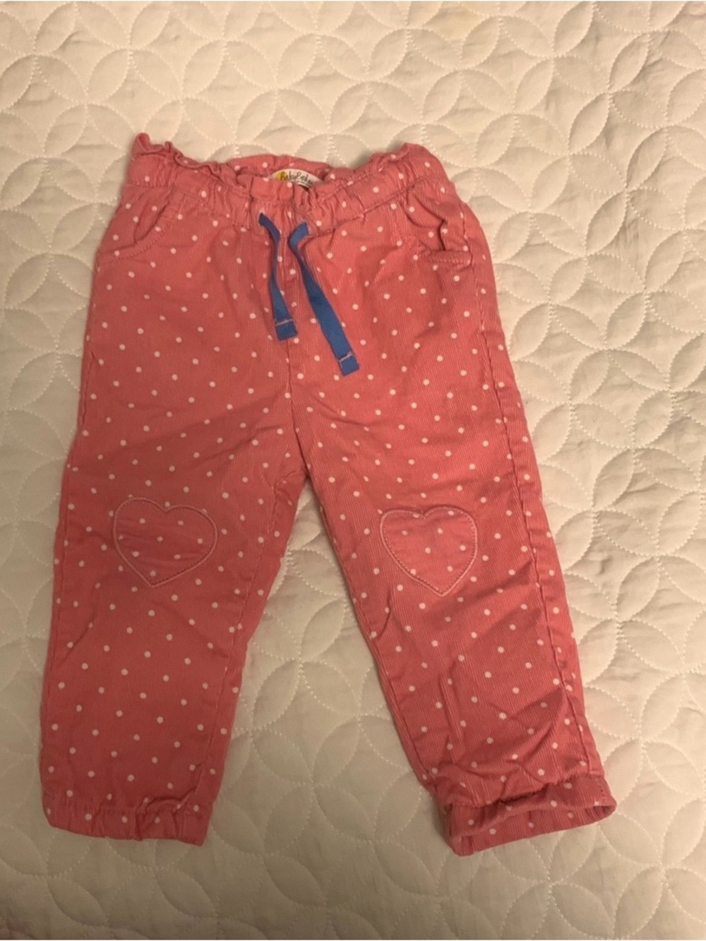 Mini Boden Pink Polka Dot Corduroy Pants with Floral Lining and Heart in Knees